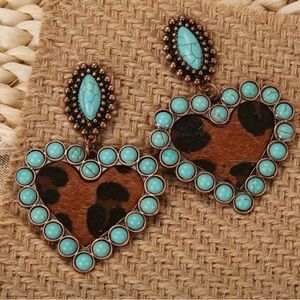 Western Earrings Turquoise Stone & Leopard Heart Drop Earrings Cowgirl Earrings